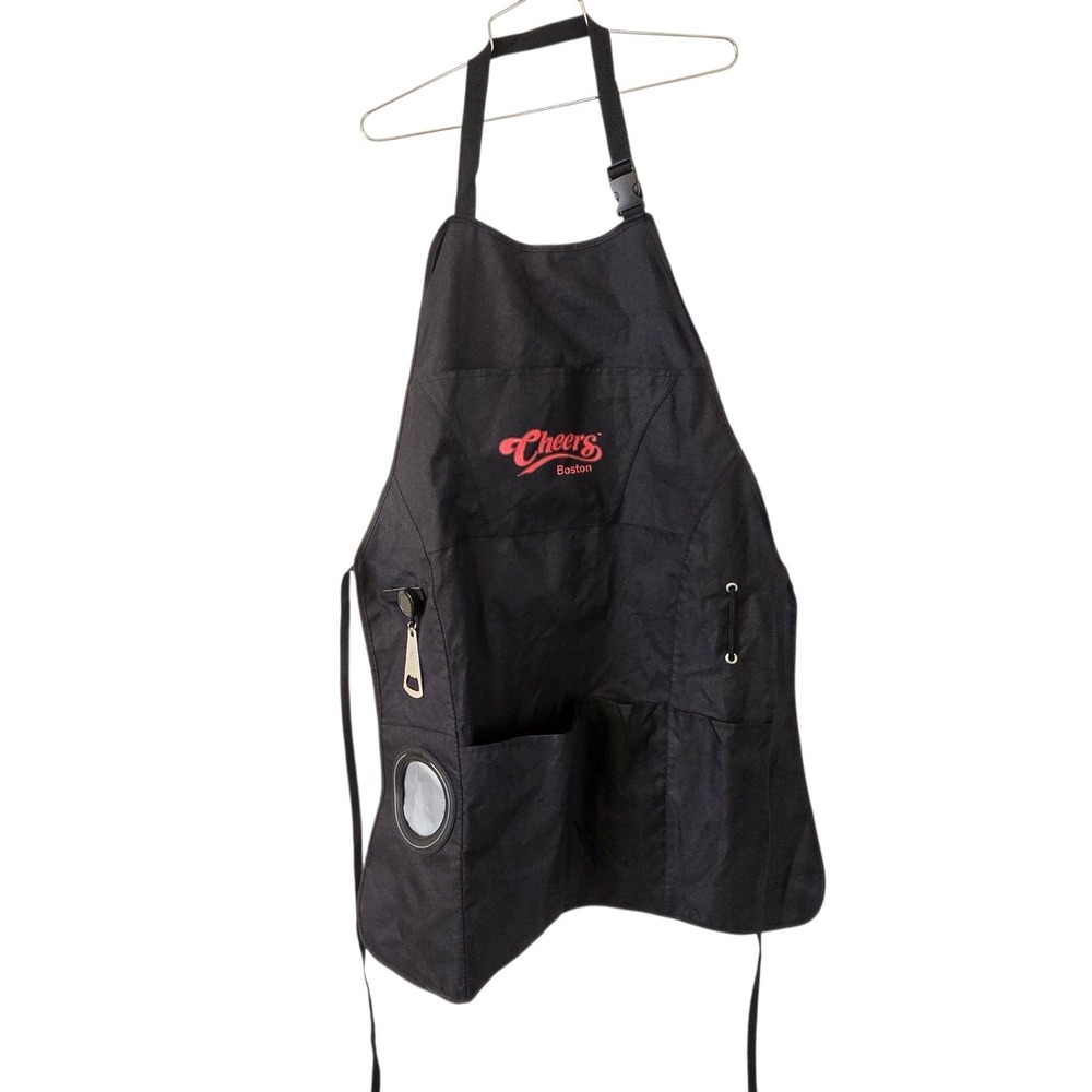 Cheers Boston Black Bartender Apron One Size Bar Pub Bottle Opener Multi Pocket